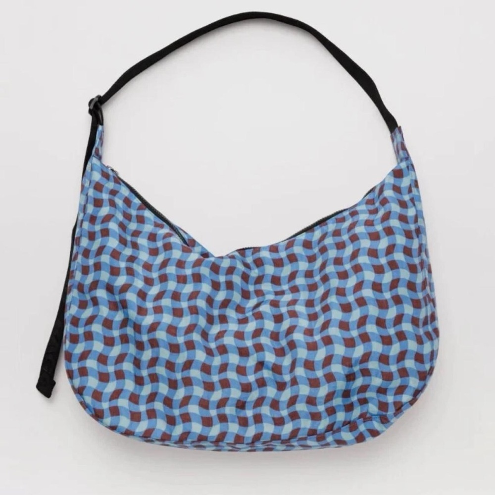 Baggu  Blue and Brown Wavy gingham  Patterned large crescent